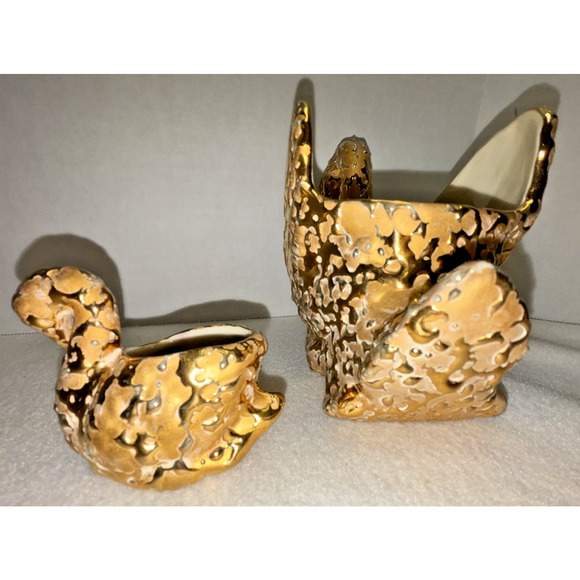 Set of 4 Vintage 22 K Hand Decorated Weeping Bright Gold Swans Ceramic Planters - Picture 12 of 12